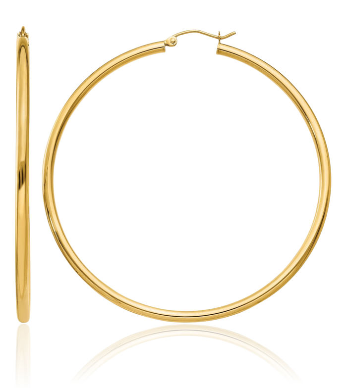 10K Solid Yellow Gold 2.5mm Tube Round Large Hoop Earrings