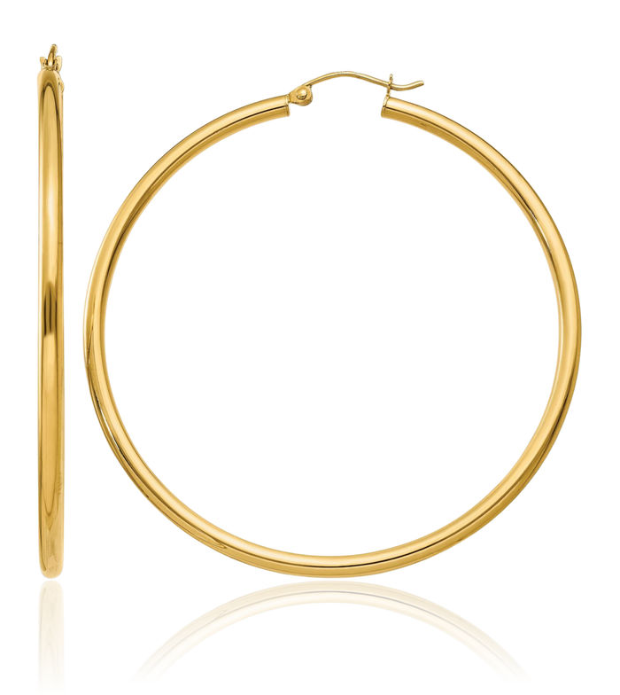 10K Solid Yellow Gold 2.5mm Tube Round Large Hoop Earrings