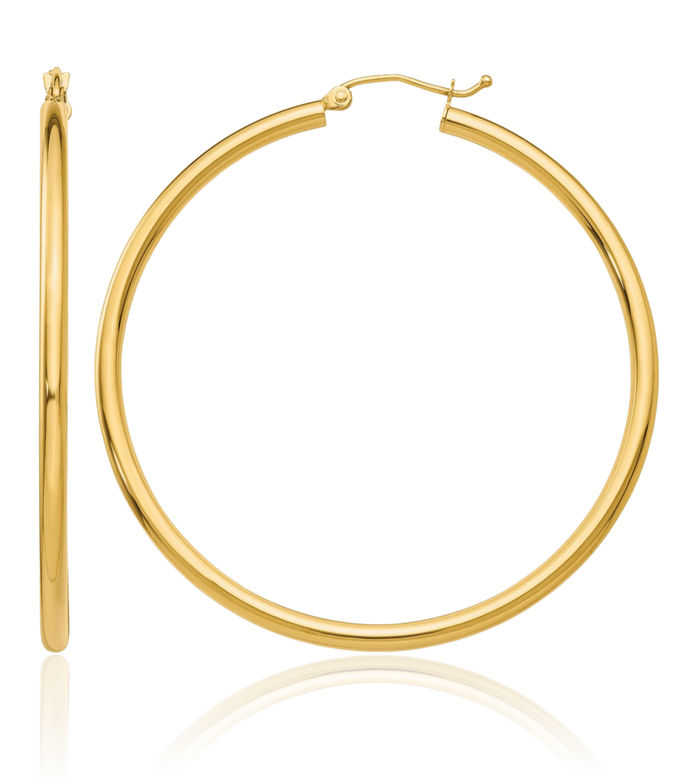 10K Solid Yellow Gold 2.5mm Tube Round Large Hoop Earrings