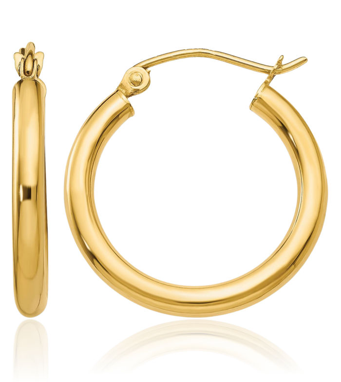 10K Solid Yellow Gold 2.5mm Tube Round Medium Hoop Earrings