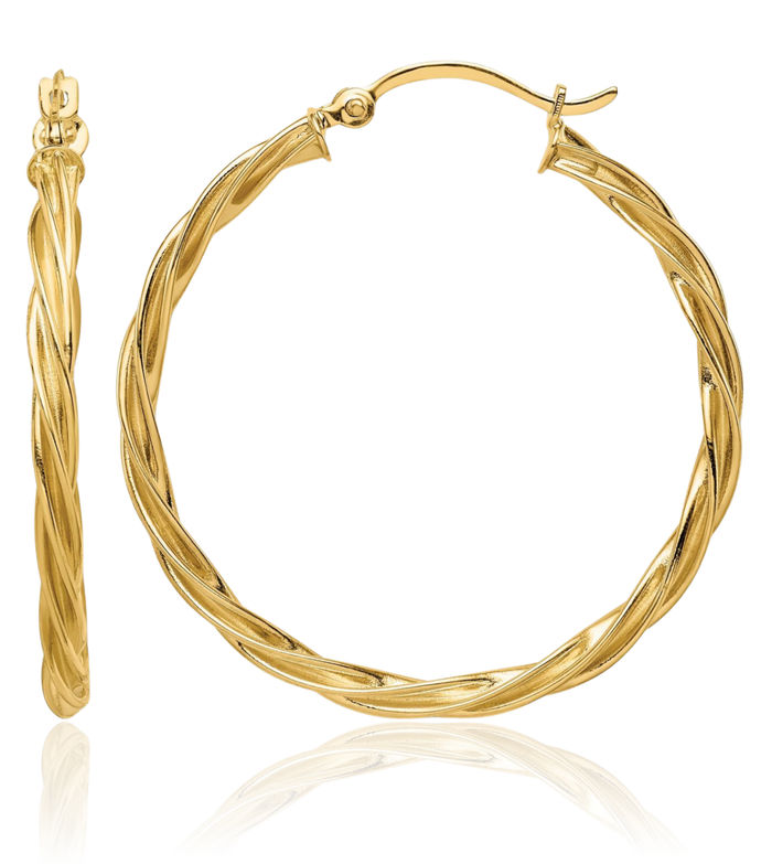 10K Solid Yellow Gold 2.5mm Twisted Round Medium Hoop Earrings