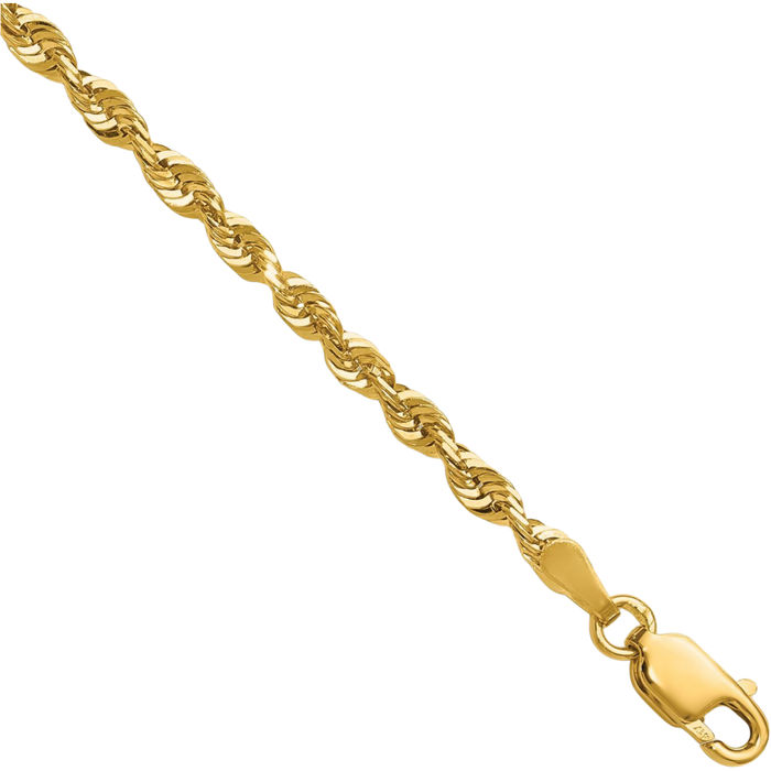 10K Solid Yellow Gold 2.75mm Extra Light Rope Chain Bracelet