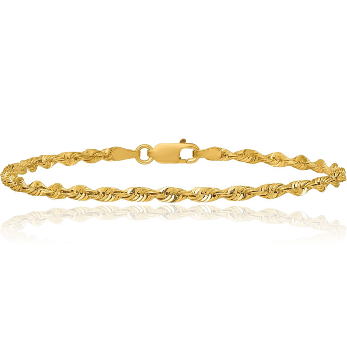 10K Solid Yellow Gold 2.75mm Extra Light Rope Chain Bracelet