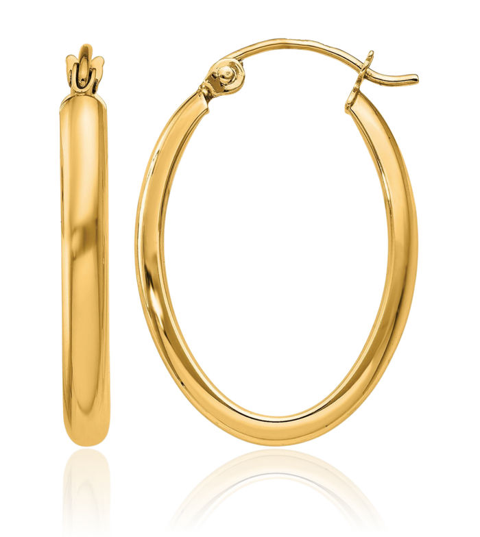 10K Solid Yellow Gold 2.75mm Oval Tube Medium Hoop Earrings