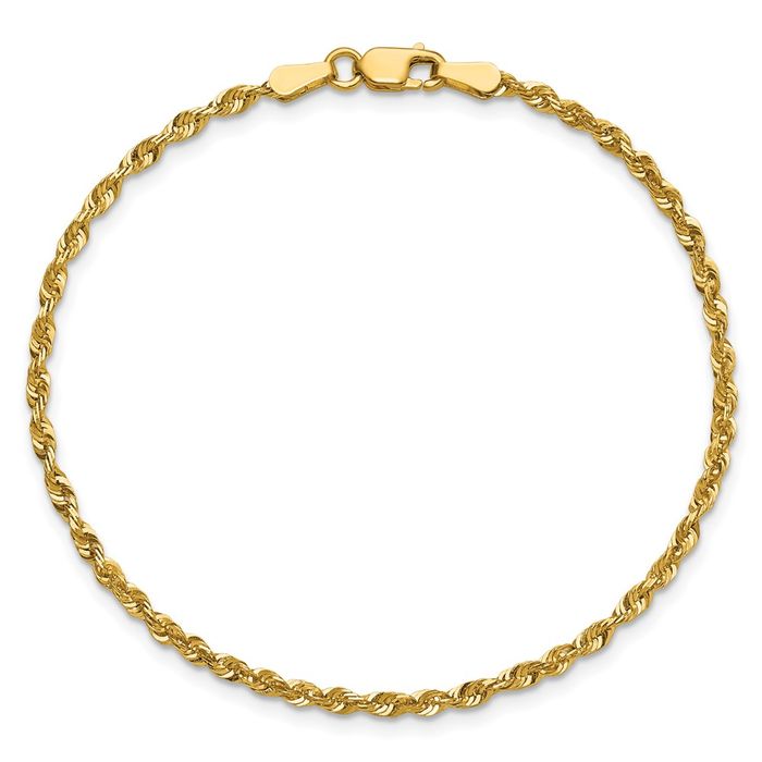 10K Solid Yellow Gold 2.25mm Extra Light Rope Chain Bracelet