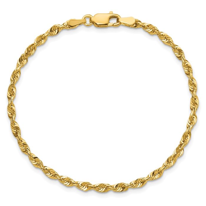 10K Solid Yellow Gold 2.75mm Extra Light Rope Chain Bracelet