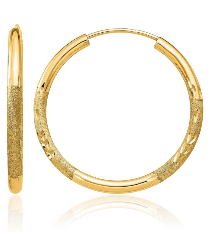 10K Solid Yellow Gold 2mm Endless Round Medium Hoop Earrings