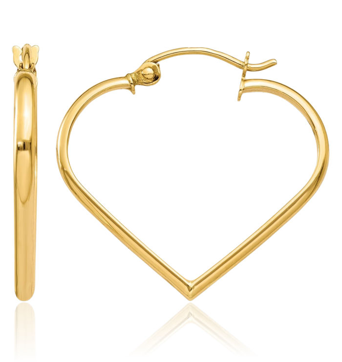 10K Solid Yellow Gold 2mm Heart Friendship Medium Hoop Earrings