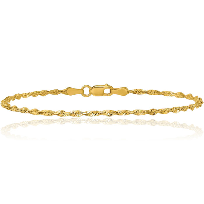 10K Solid Yellow Gold 2mm Extra Light Rope Chain Bracelet