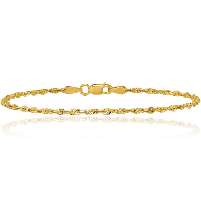 10K Solid Yellow Gold 2mm Rope Chain Bracelet