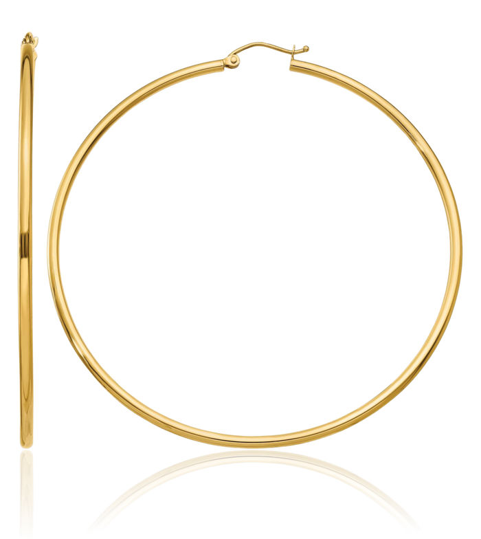 10K Solid Yellow Gold 2mm Tube Round Extra Large Hoop Earrings