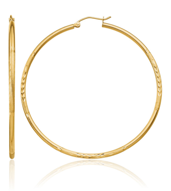 10K Solid Yellow Gold 2mm Round Tube Large Hoop Earrings