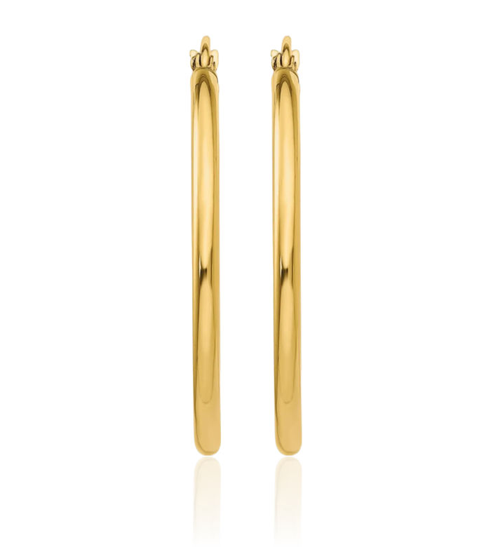 10K Solid Yellow Gold 2mm Tube Round Medium Hoop Earrings