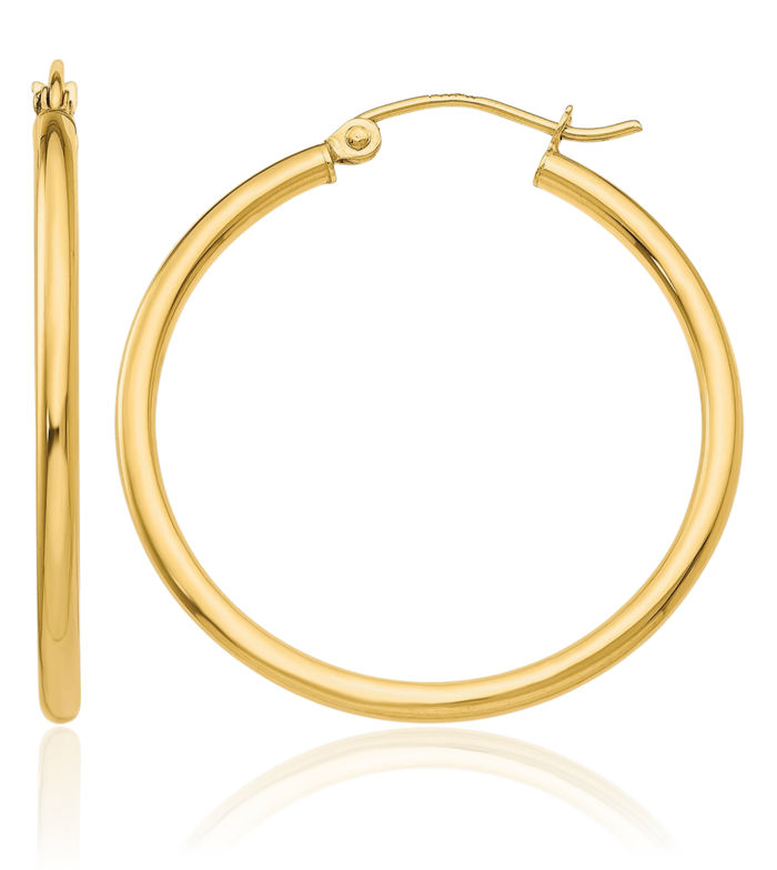 10K Solid Yellow Gold 2mm Tube Round Medium Hoop Earrings