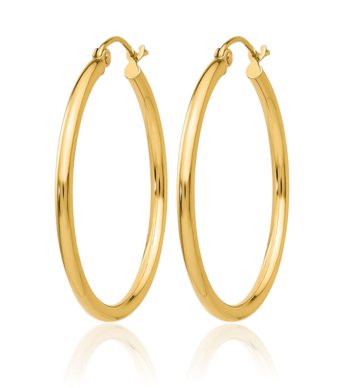 10K Solid Yellow Gold 2mm Tube Round Medium Hoop Earrings