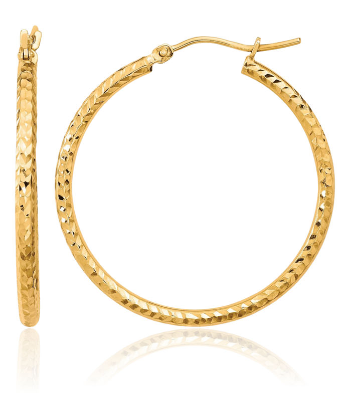 10K Solid Yellow Gold 2mm Round Tube Medium Hoop Earrings