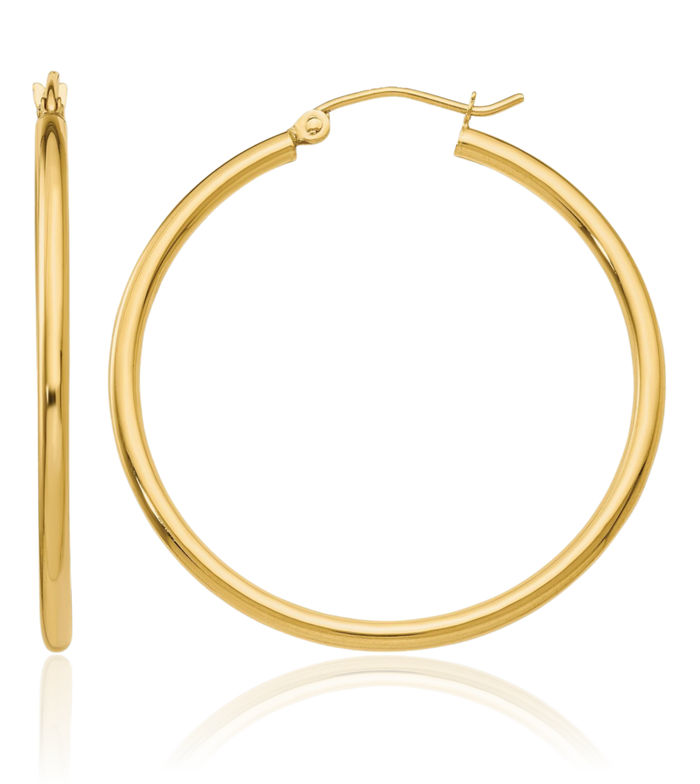 10K Solid Yellow Gold 2mm Tube Round Medium Hoop Earrings