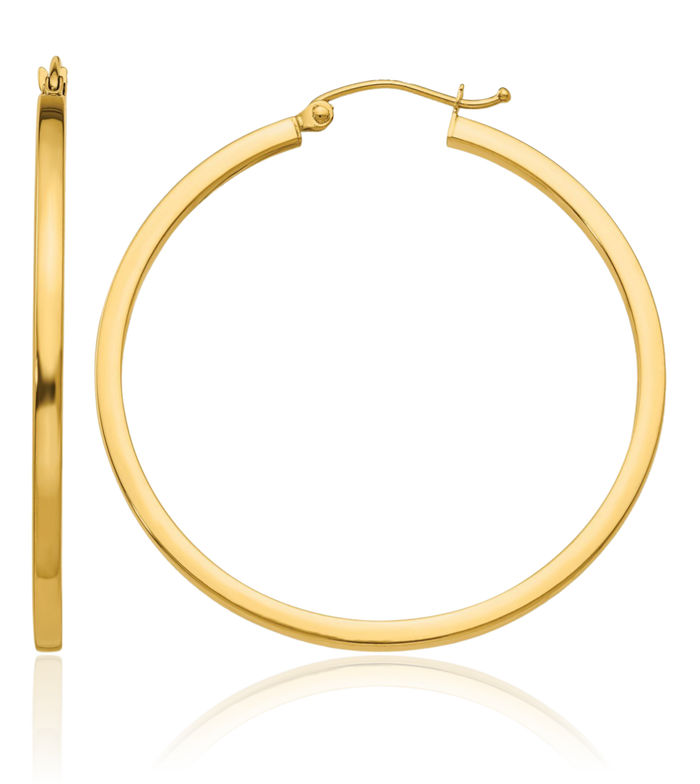 10K Solid Yellow Gold 2mm Square Tube Round Large Hoop Earrings