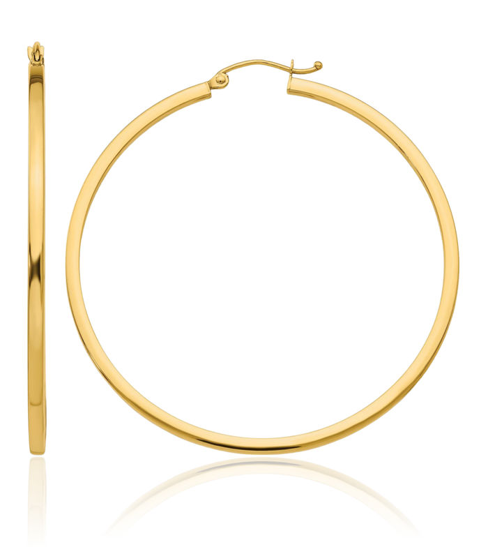 10K Solid Yellow Gold 2mm Square Tube Round Large Hoop Earrings