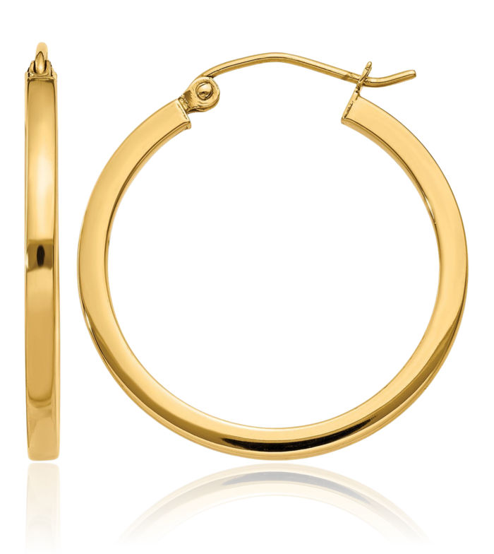 10K Solid Yellow Gold 2mm Square Tube Round Medium Hoop Earrings