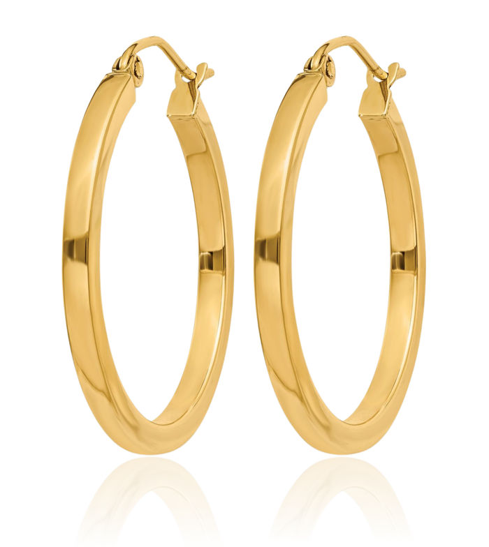 10K Solid Yellow Gold 2mm Square Tube Round Medium Hoop Earrings