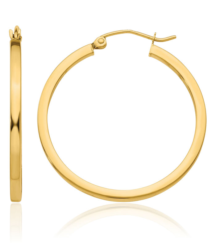 10K Solid Yellow Gold 2mm Square Tube Round Medium Hoop Earrings