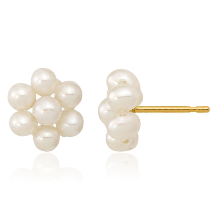 10K Solid Yellow Gold 2mm White Button Freshwater Cultured Pearl Flower Stud Earrings