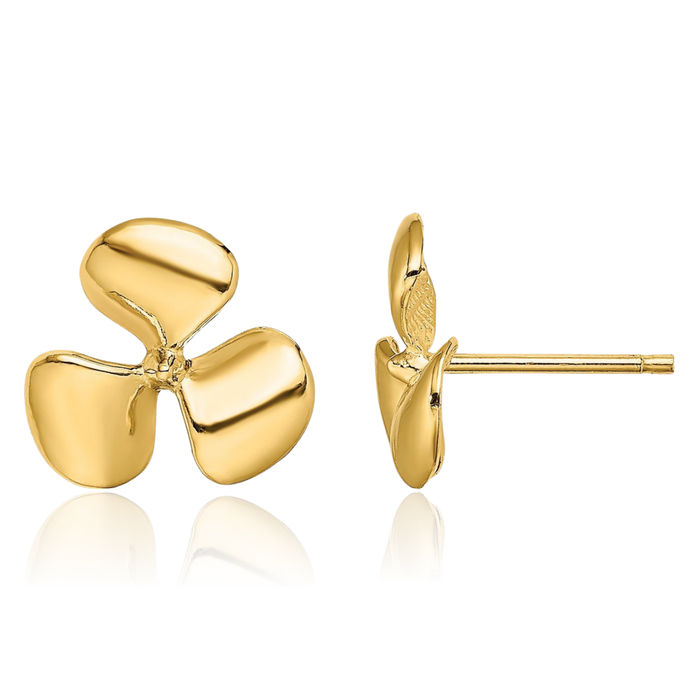 10K Solid Yellow Gold 3 Blade Fishing Boat Propeller Stud Earrings