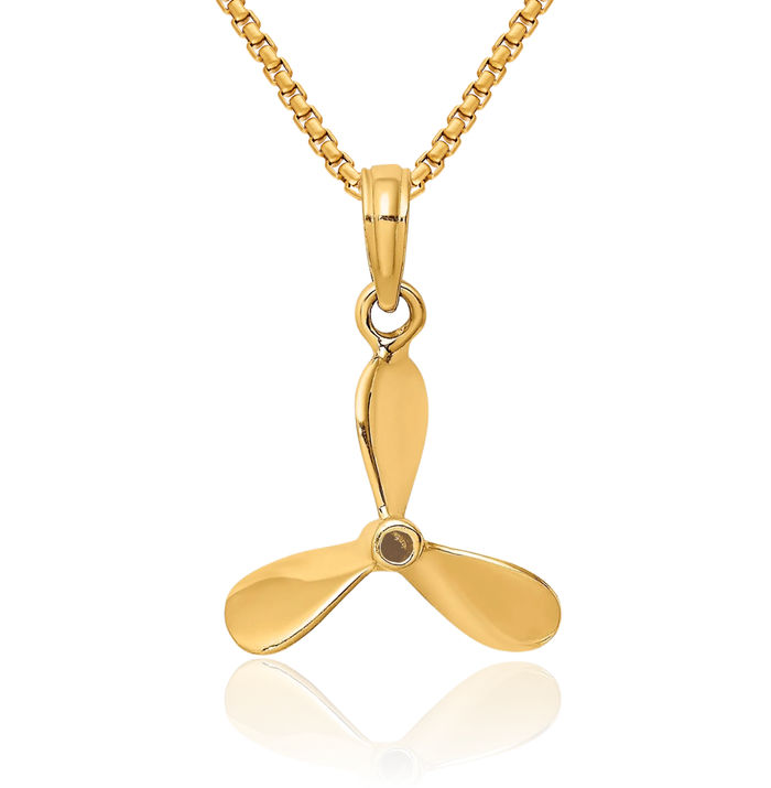 10K Solid Yellow Gold 3 Blades Fishing Boat Propeller Necklace Chain Pendant Charm