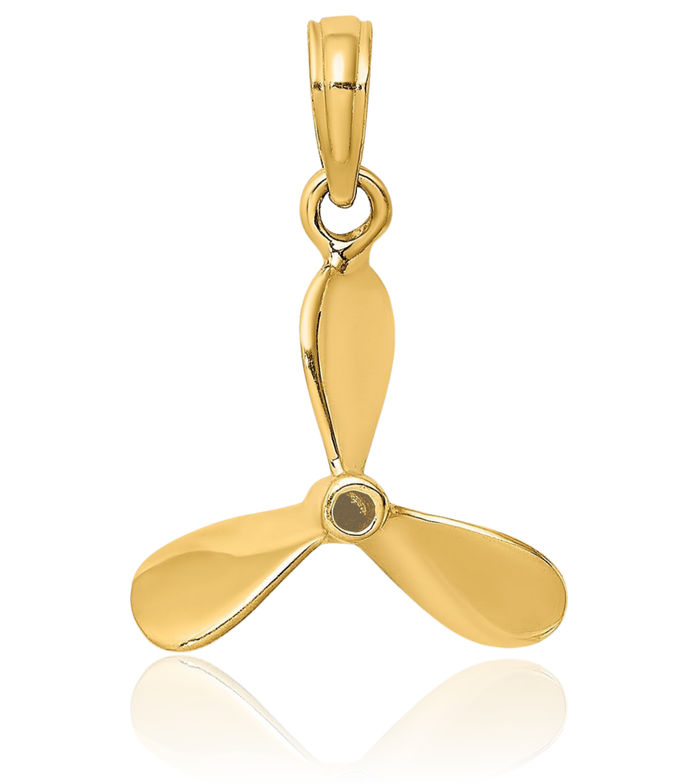 10K Solid Yellow Gold 3 Blades Fishing Boat Propeller Necklace Chain Pendant Charm