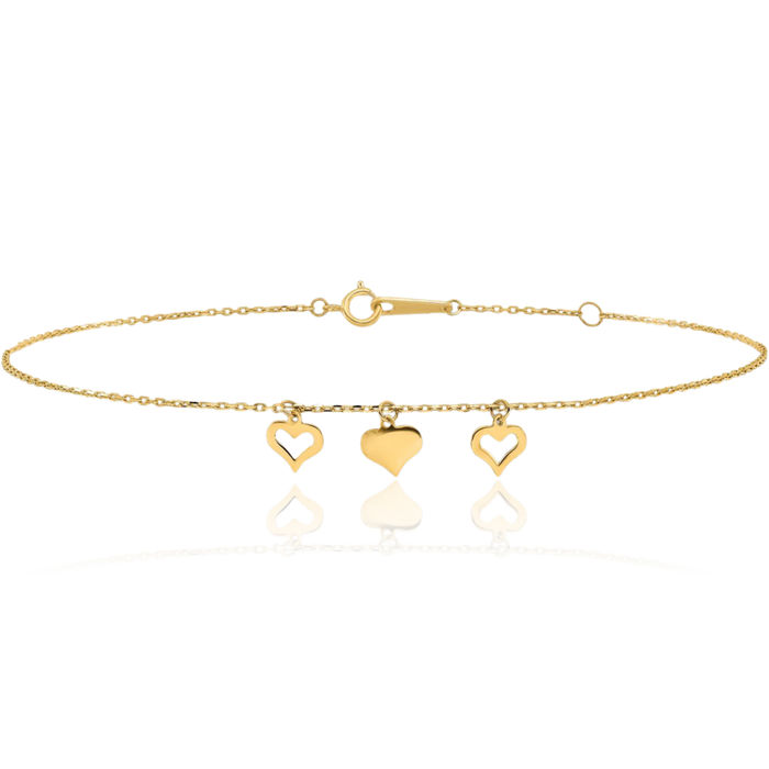 10K Solid Yellow Gold 3 Heart Anklet Summer Beach Foot Ankle Bracelet