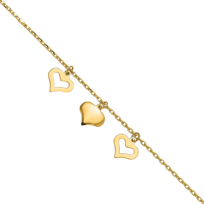 10K Solid Yellow Gold 3 Heart Anklet Summer Beach Foot Ankle Bracelet