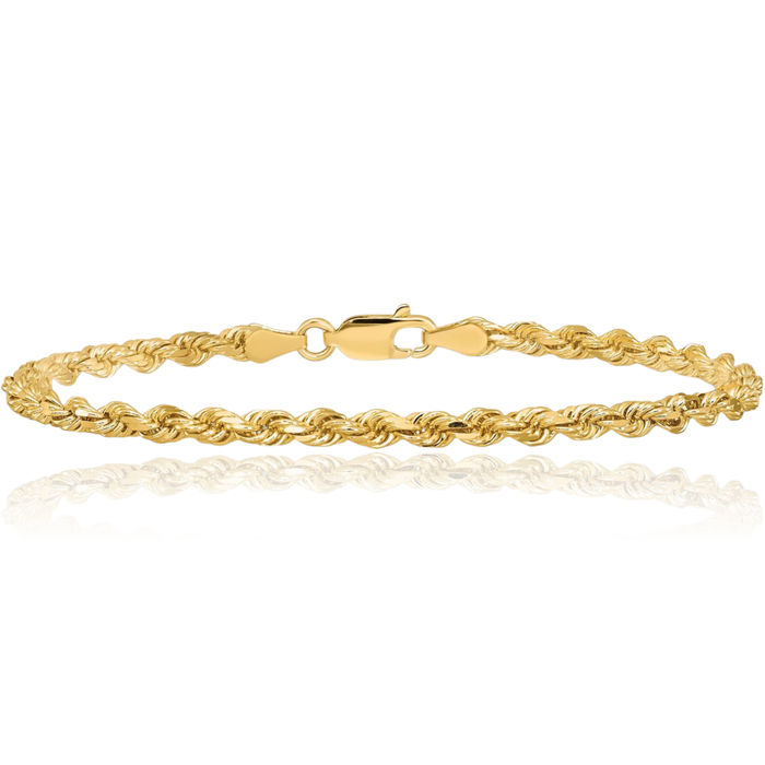 10K Solid Yellow Gold 3.25mm Rope Chain Bracelet