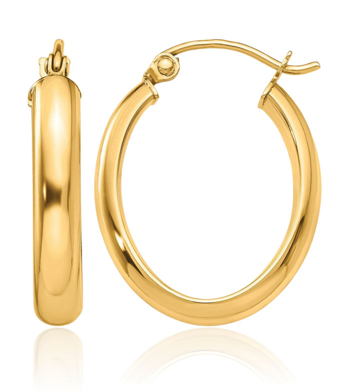 10K Solid Yellow Gold 3.5mm Oval Medium Hoop Earrings