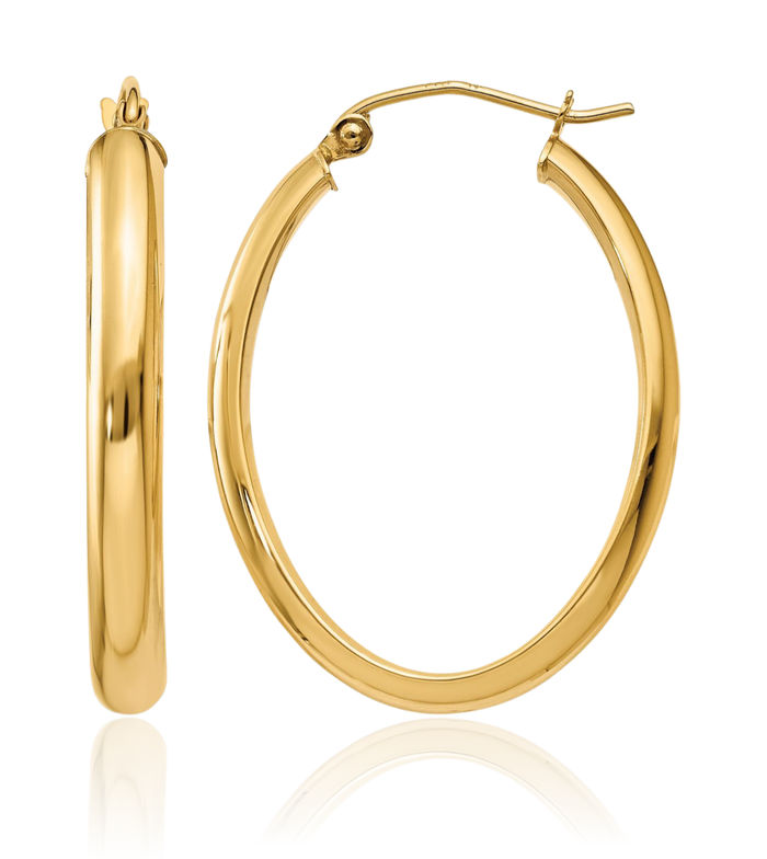10K Solid Yellow Gold 3.5mm Oval Medium Hoop Earrings