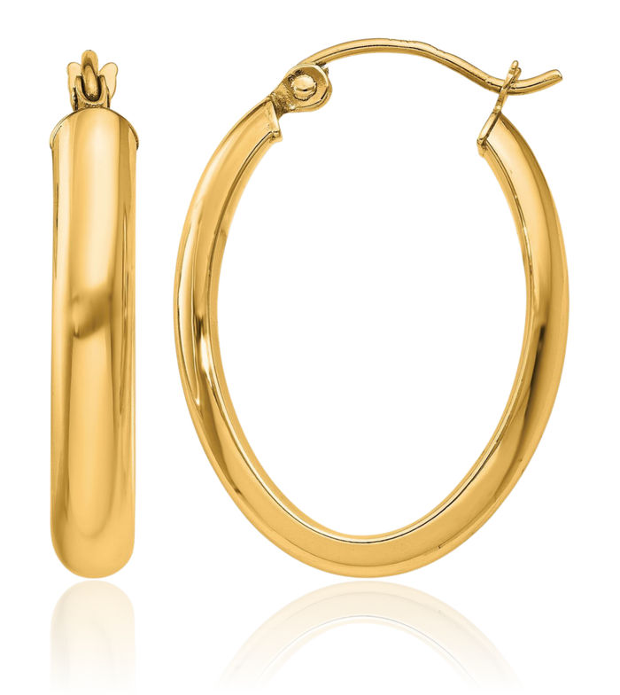 10K Solid Yellow Gold 3.75mm Oval Tube Medium Hoop Earrings