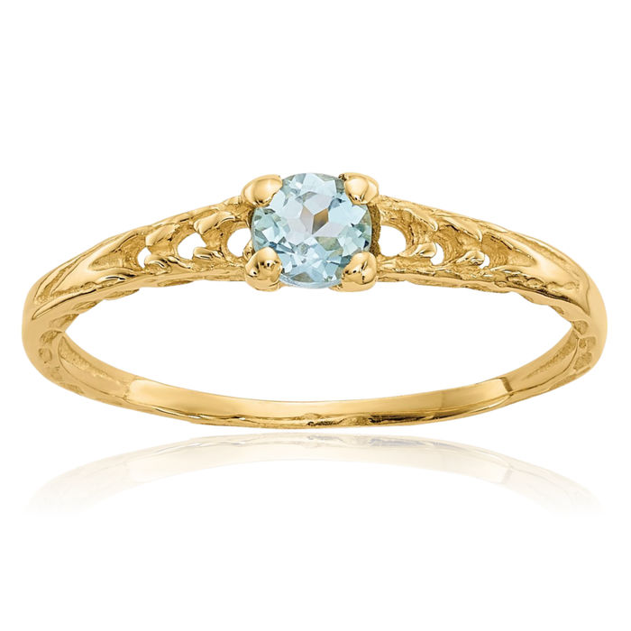 10K Solid Yellow Gold 3mm Blue Aquamarine Ring March Birthstone Jewelry