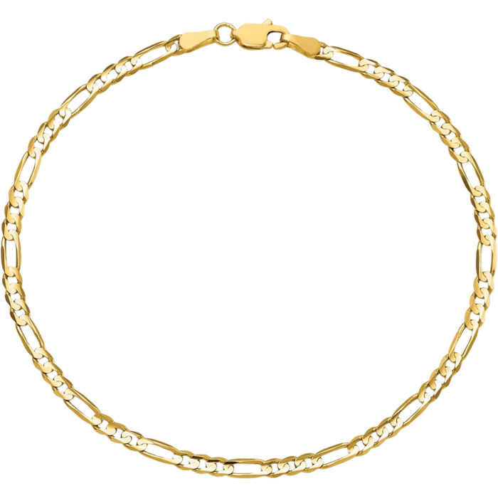 10K Solid Yellow Gold 3mm Concave Figaro Link Chain Bracelet