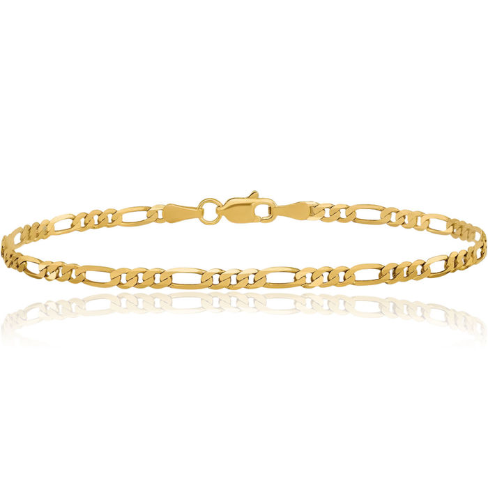 10K Solid Yellow Gold 3mm Concave Figaro Link Chain Bracelet