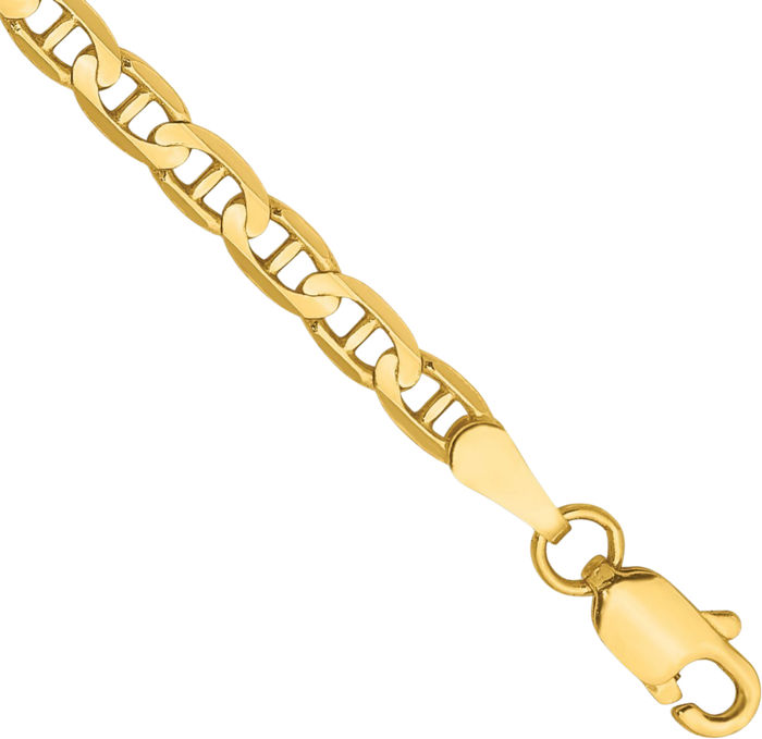 10K Solid Yellow Gold 3mm Concave Anchor Mariner Link Chain Bracelet