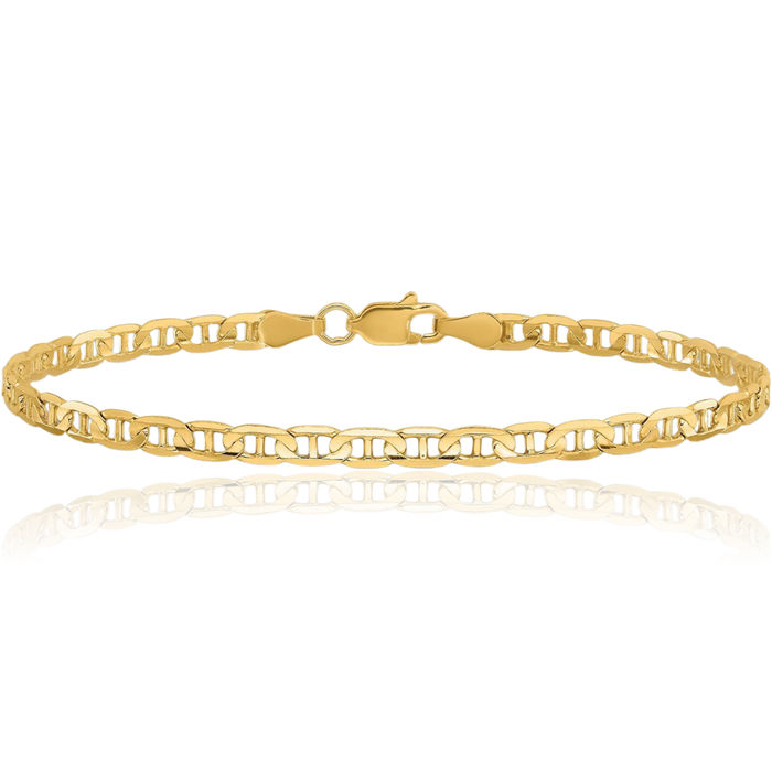 10K Solid Yellow Gold 3mm Concave Anchor Mariner Link Chain Bracelet