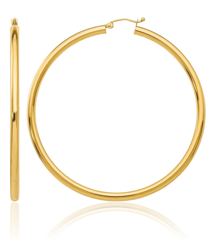 10K Solid Yellow Gold 3mm Tube Round Large Hoop Earrings