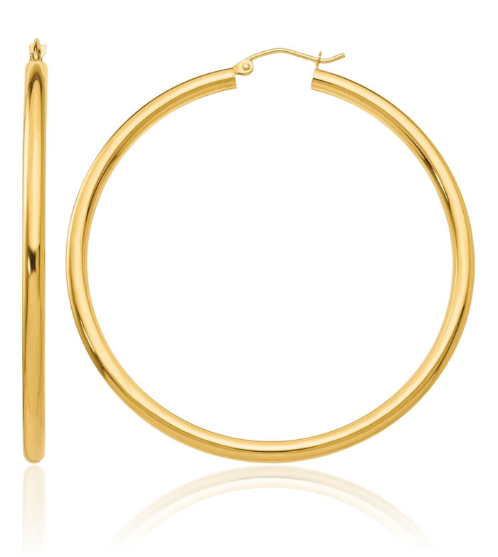 10K Solid Yellow Gold 3mm Tube Round Large Hoop Earrings