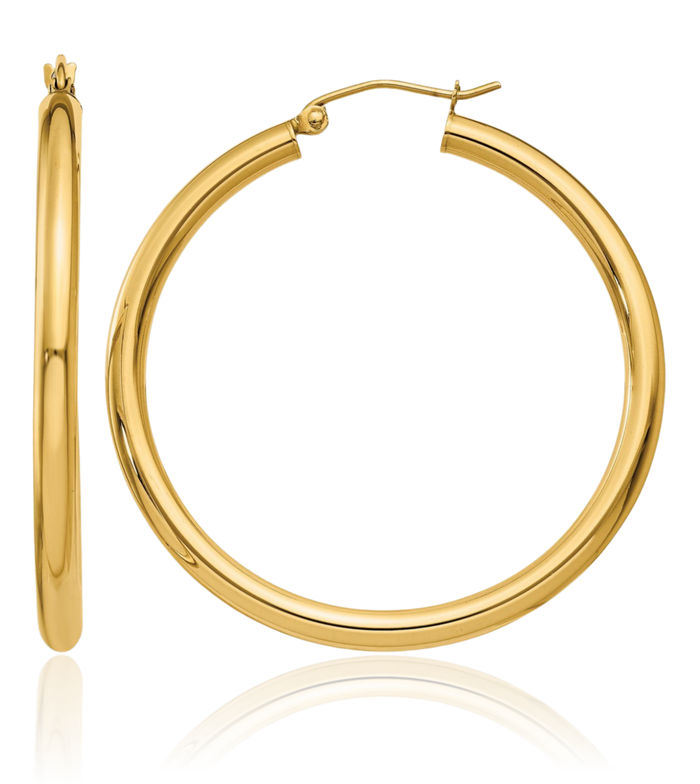 10K Solid Yellow Gold 3mm Tube Round Large Hoop Earrings