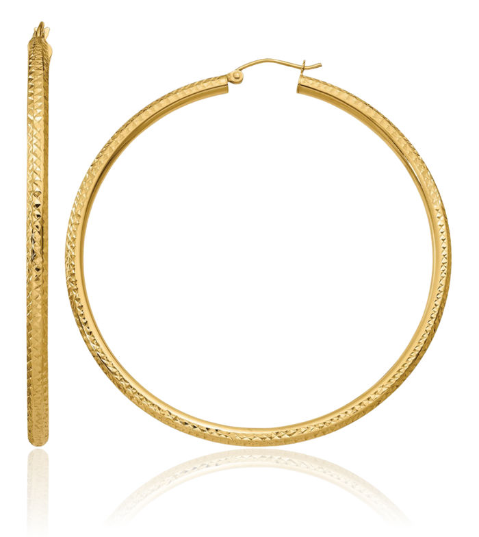 10K Solid Yellow Gold 3mm Round Large Hoop Earrings