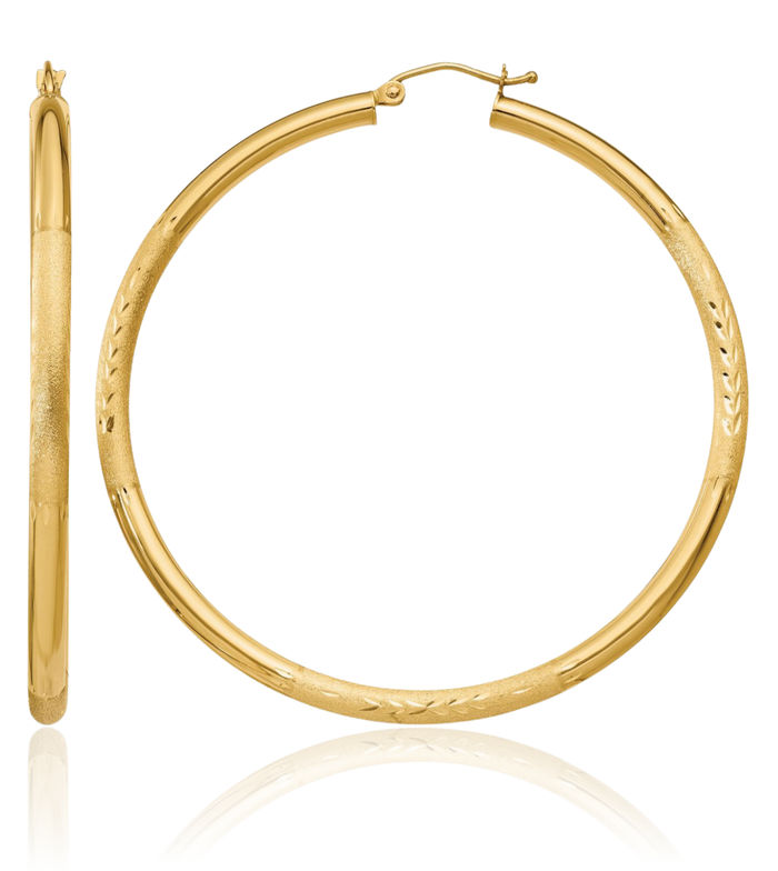 10K Solid Yellow Gold 3mm Round Large Hoop Earrings