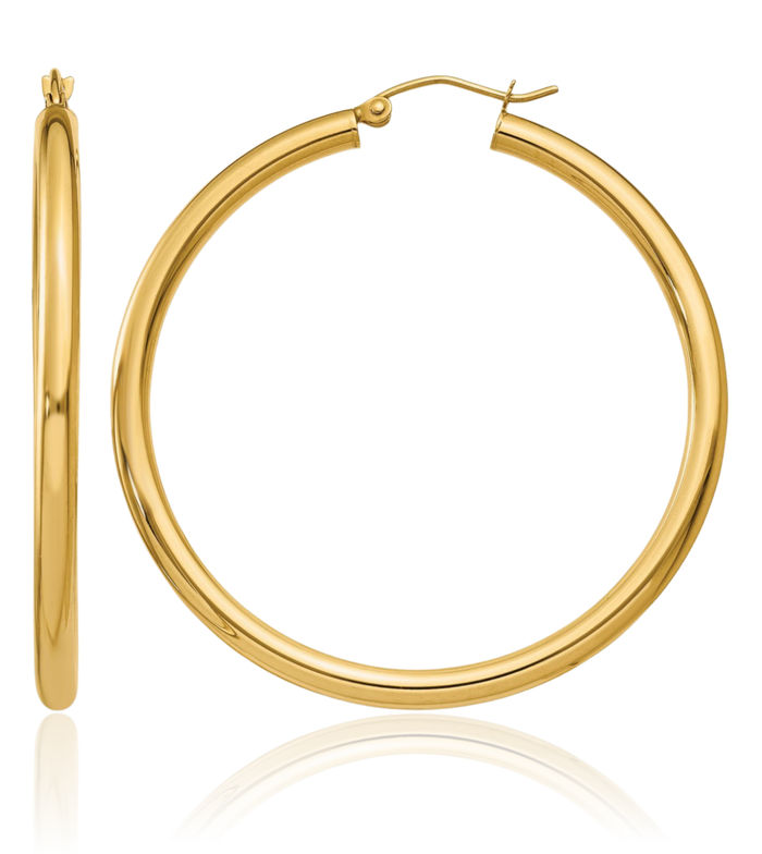 10K Solid Yellow Gold 3mm Tube Round Medium Hoop Earrings