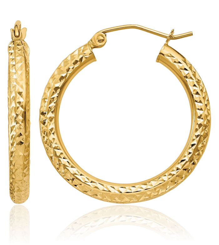 10K Solid Yellow Gold 3mm Round Medium Hoop Earrings