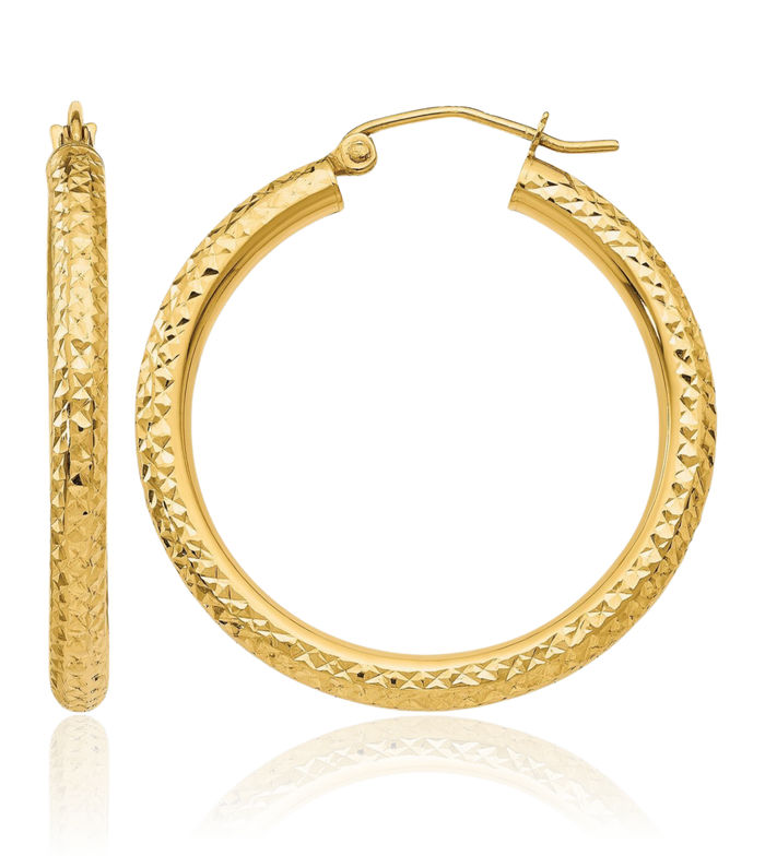10K Solid Yellow Gold 3mm Round Medium Hoop Earrings