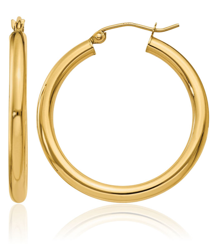 10K Solid Yellow Gold 3mm Tube Round Medium Hoop Earrings